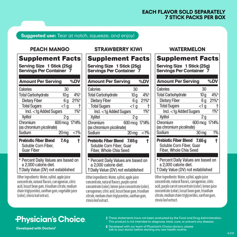 Physician's Choice Fiber Jelly Sticks - Digestion, Regularity, Fullness & Metabolism Support - Prebiotic Fiber with Chromium - 3 Flavors