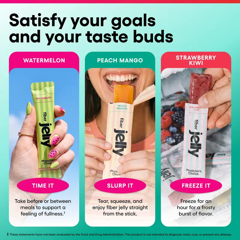 Physician's Choice Fiber Jelly Sticks - Digestion, Regularity, Fullness & Metabolism Support - Prebiotic Fiber with Chromium - 3 Flavors