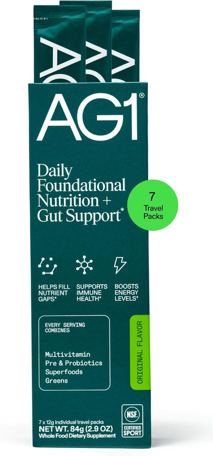AG1 Greens Powder Probiotic with Vitamin B12 and CoQ10, Travel Packs 7ct