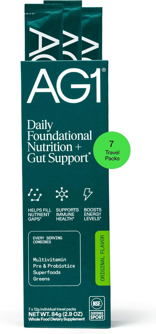 AG1 Greens Powder Probiotic with Vitamin B12 and CoQ10, Travel Packs 7ct
