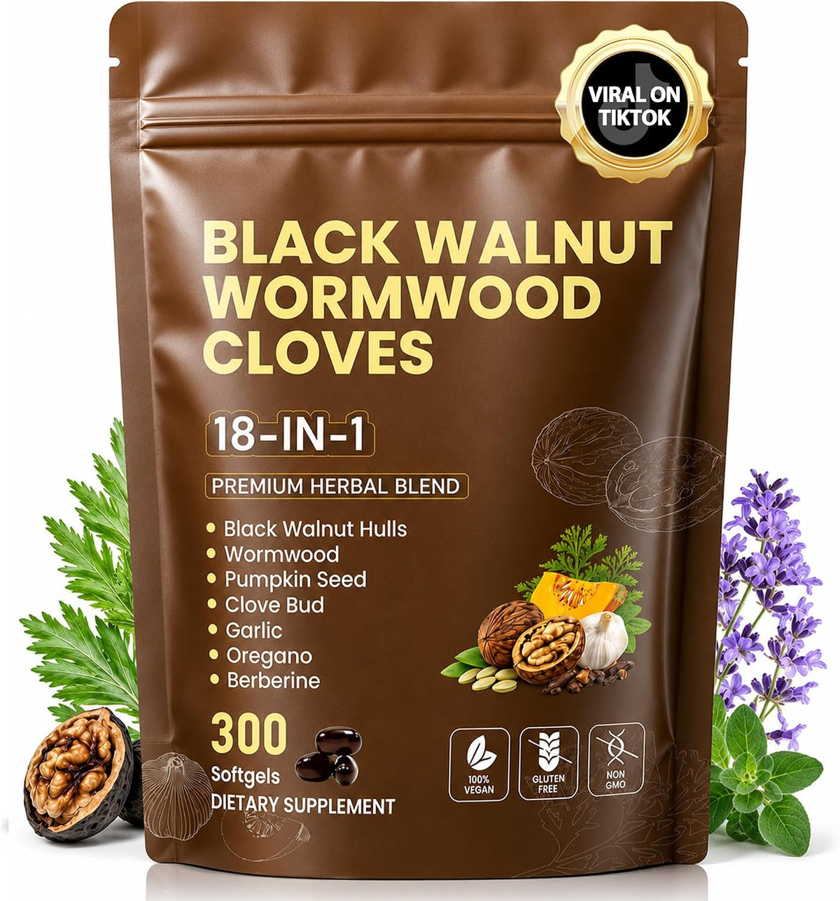 18-in-1 Wormwood Black Walnut Clove Herbal Cleanse Supplement |300 Softgels