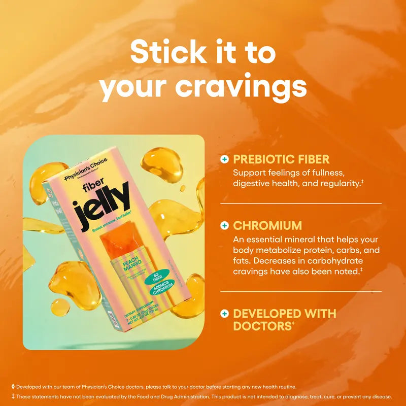 Physician's Choice Fiber Jelly Sticks - Digestion, Regularity, Fullness & Metabolism Support - Prebiotic Fiber with Chromium - 3 Flavors