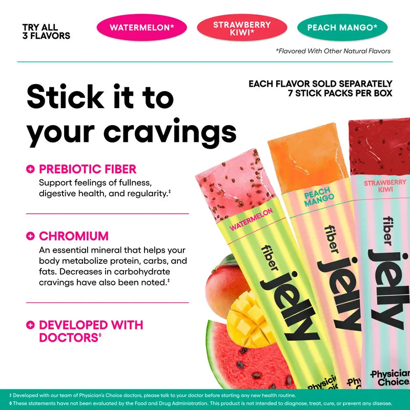 Physician's Choice Fiber Jelly Sticks - Digestion, Regularity, Fullness & Metabolism Support - Prebiotic Fiber with Chromium - 3 Flavors