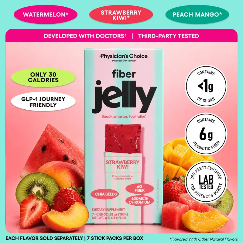 Physician's Choice Fiber Jelly Sticks - Digestion, Regularity, Fullness & Metabolism Support - Prebiotic Fiber with Chromium - 3 Flavors