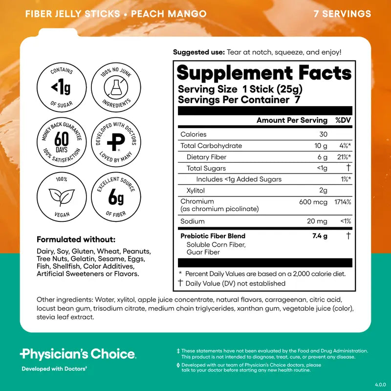 Physician's Choice Fiber Jelly Sticks - Digestion, Regularity, Fullness & Metabolism Support - Prebiotic Fiber with Chromium - 3 Flavors